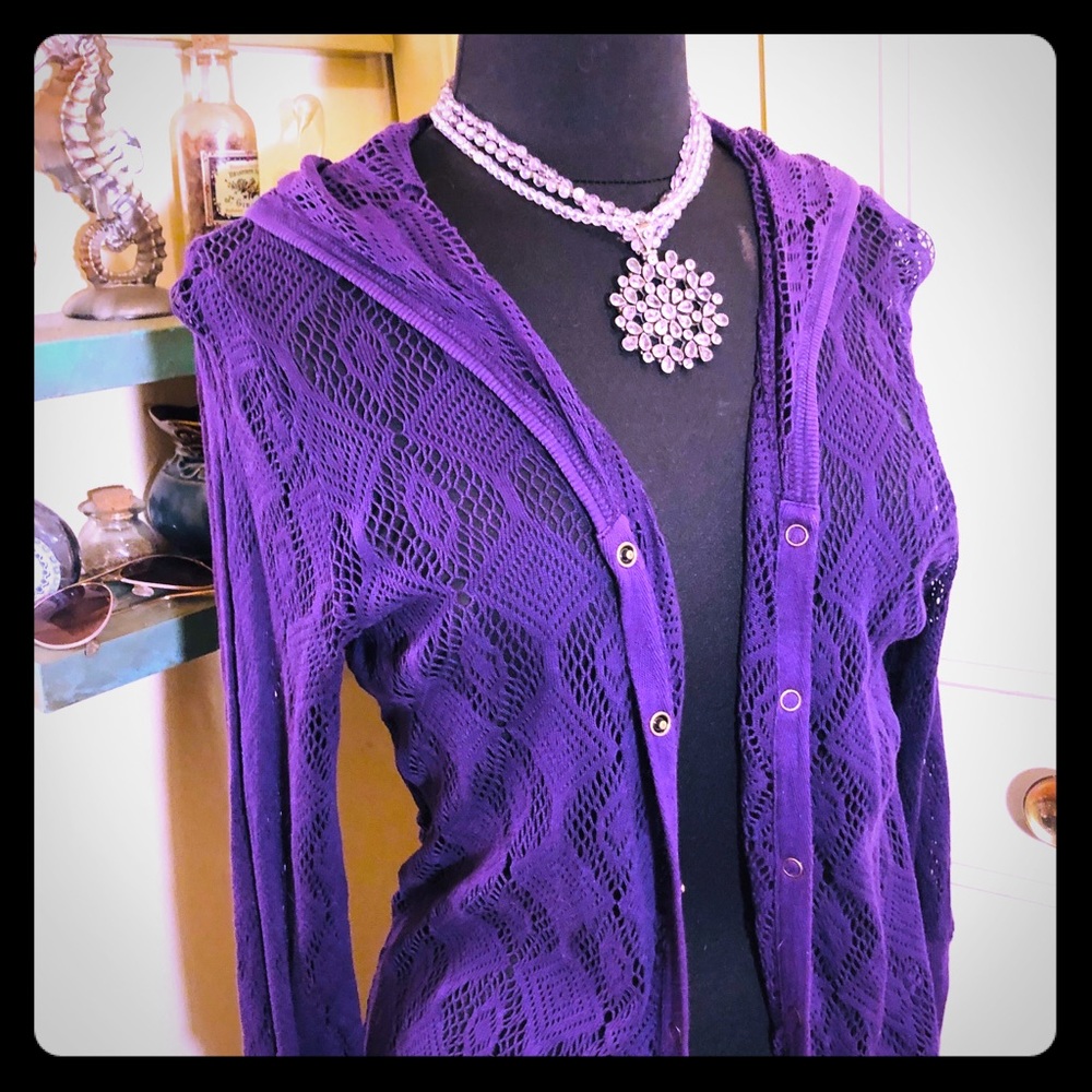 Purple gothic crochet long hooded cardigan